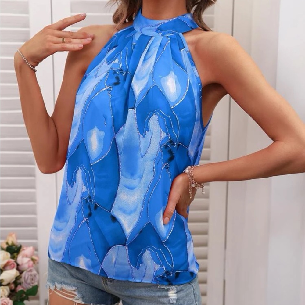 New blue white sleeveless halter top - Picture 4 of 6